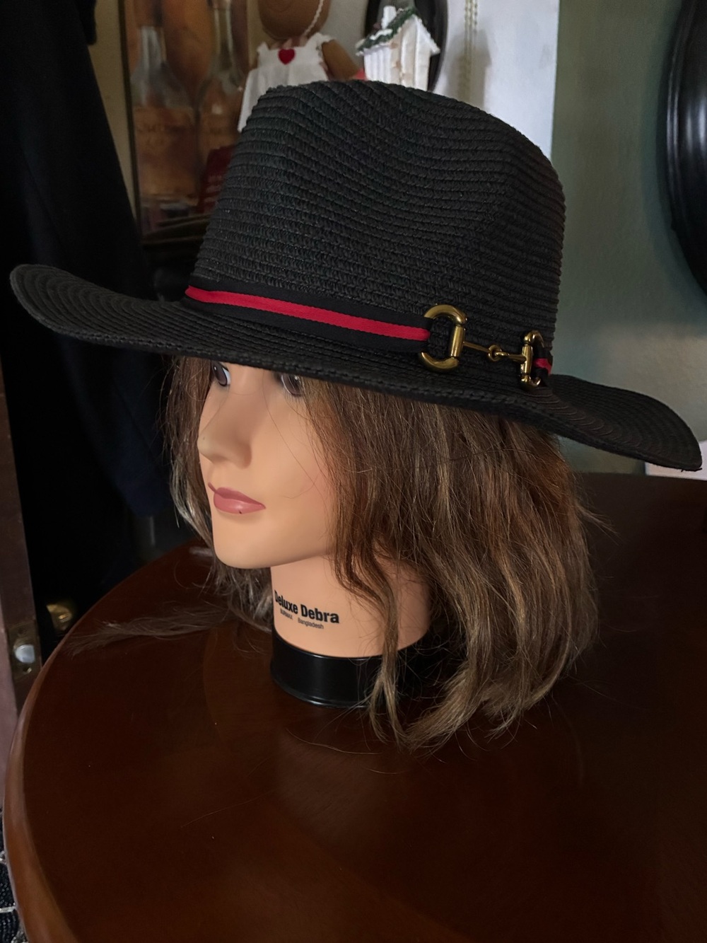 Diva Black Straw Fedora with Red band and Gold Hardware-NWOT